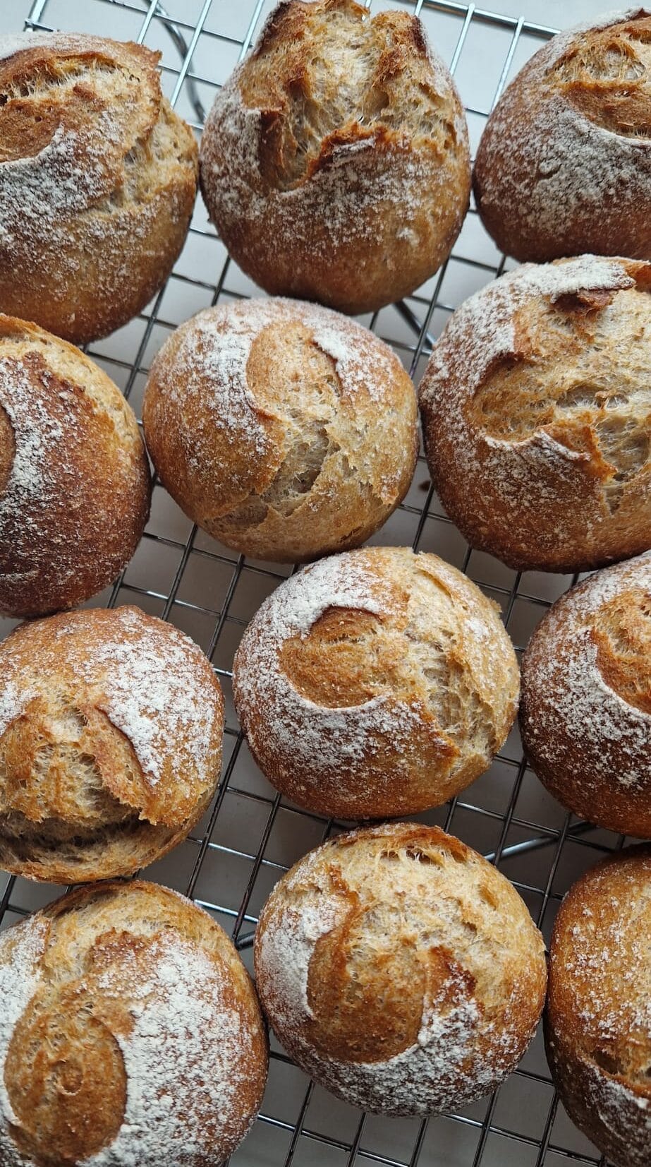 Crusty sourdough rolls, golden and rustic, cooling on a wire rack
