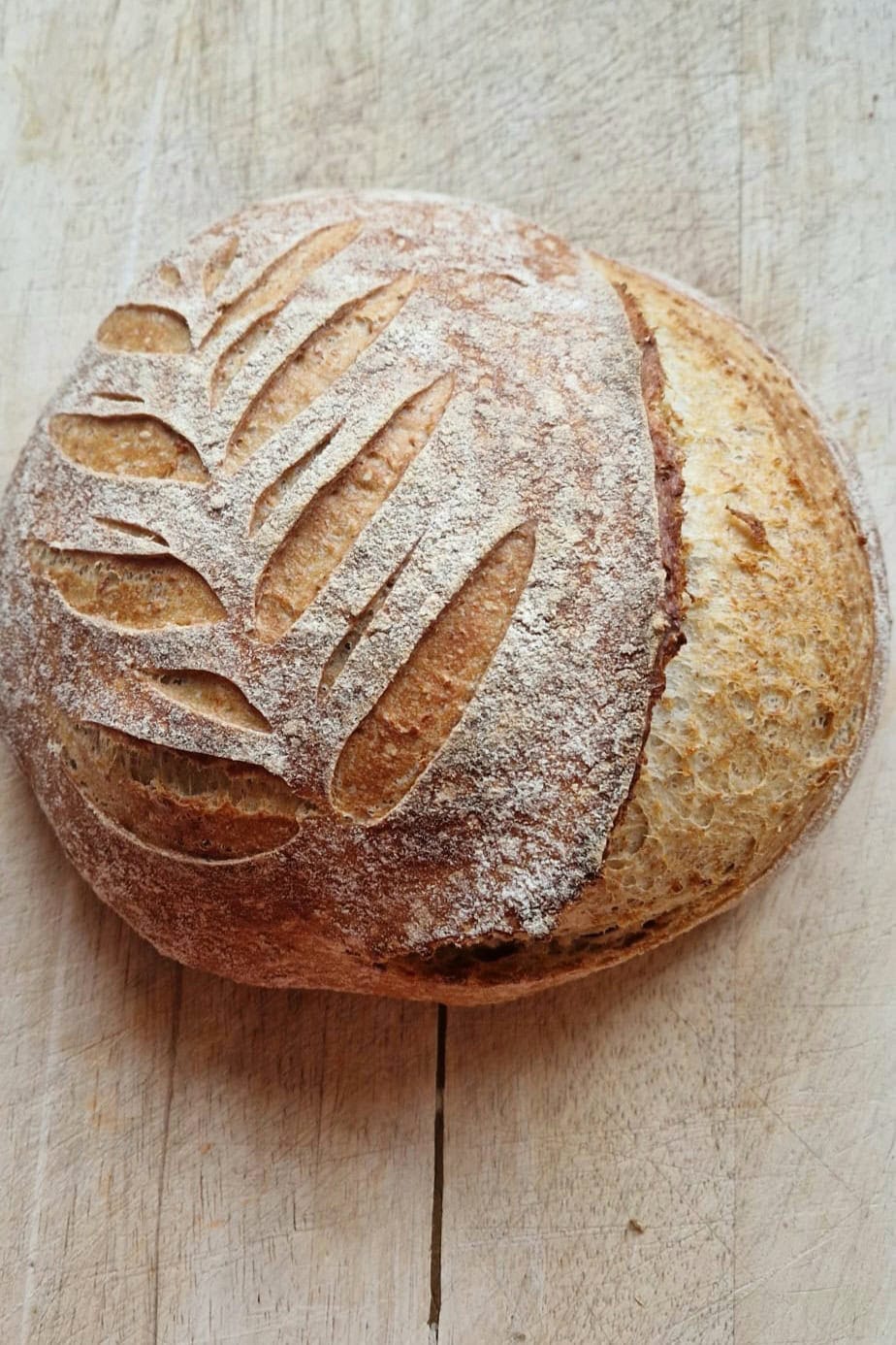 Scored whole grain sourdough bread with a golden, flour-dusted crust on a wooden board