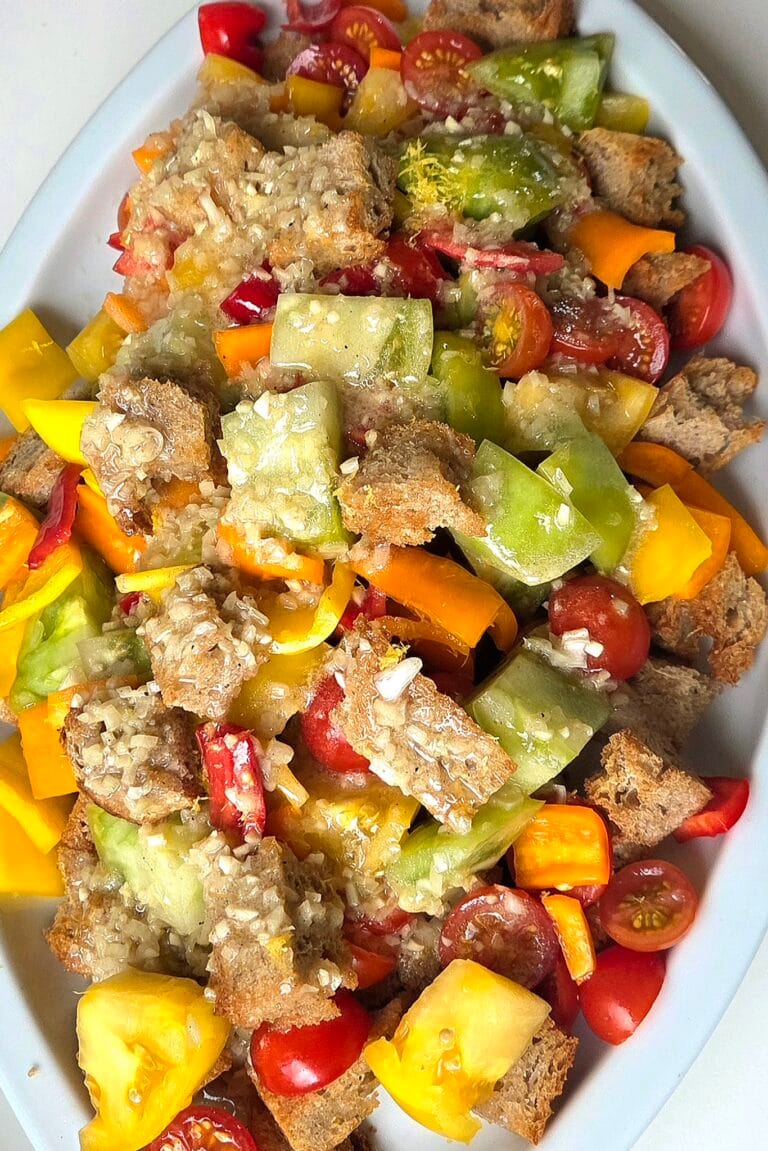 Sourdough bread salad with tomatoes, peppers and tomato water dressing on a white platter