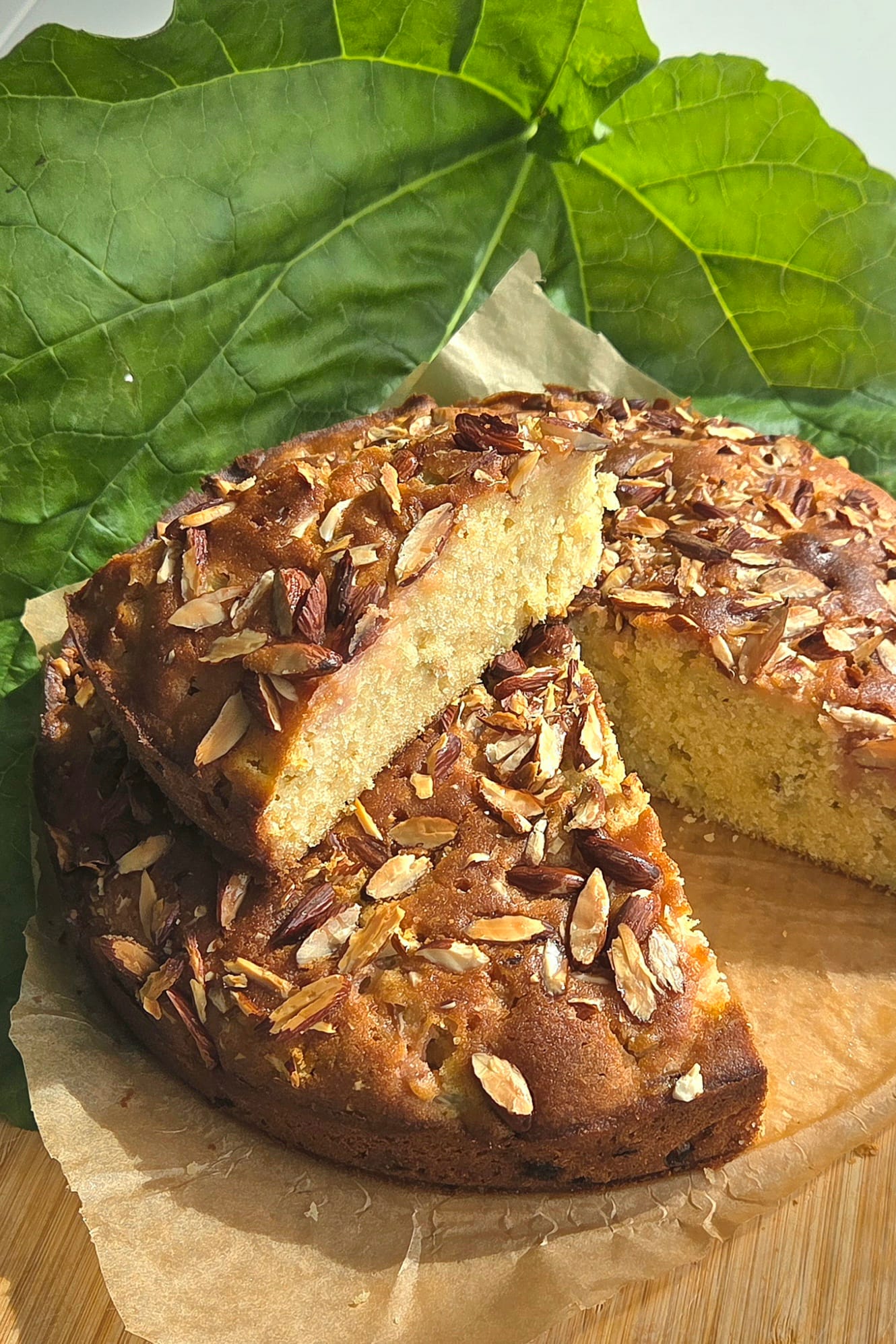 Easy rhubarb cake topped with toasted almonds, sliced to show the soft crumb