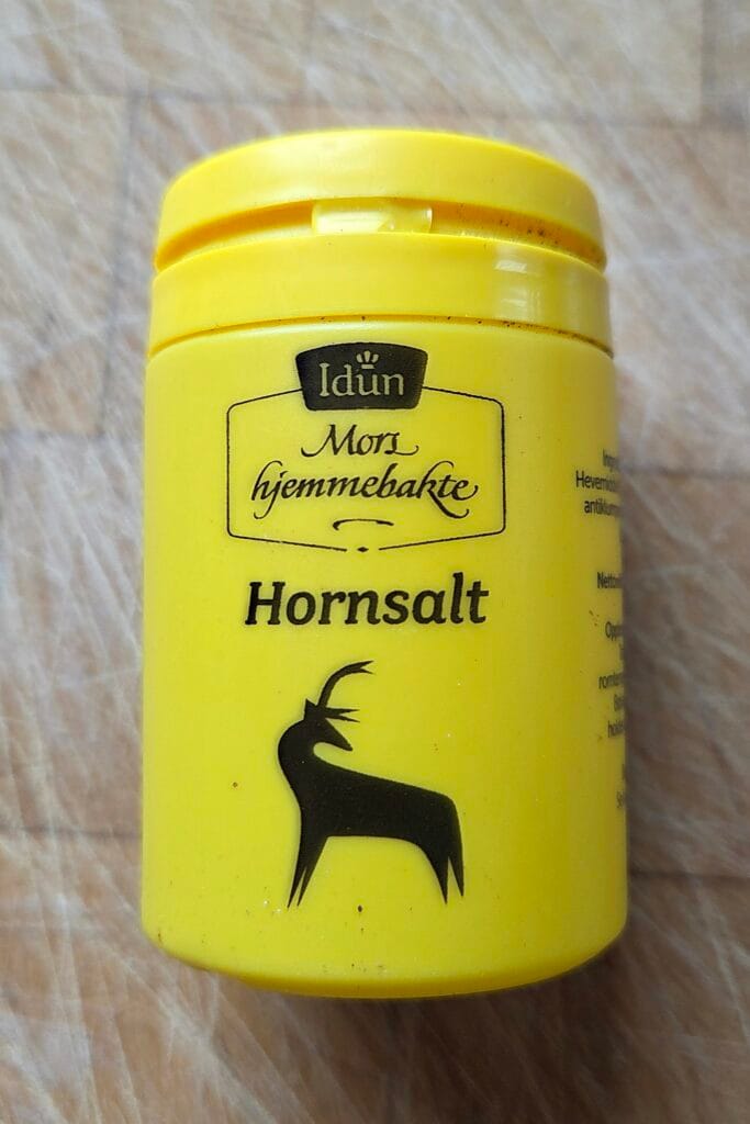 A tub of Norwegian hornsalt — baker's ammonia, the traditional leavener for sveler