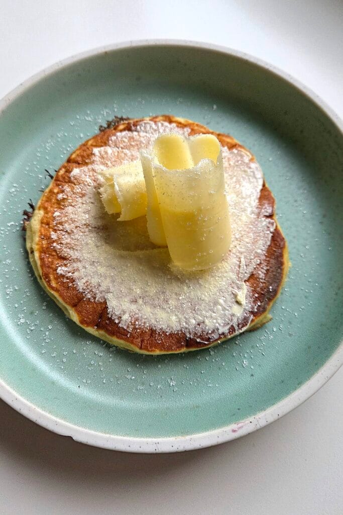 Norwegian svele topped with curls of butter shaved with a cheese slicer and a scattering of sugar