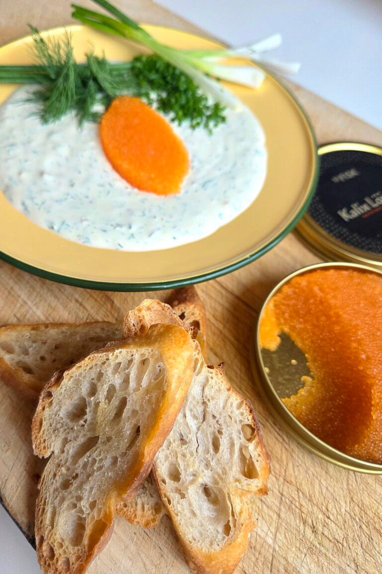 Caviar dip with dill sour cream and crisp sourdough chips