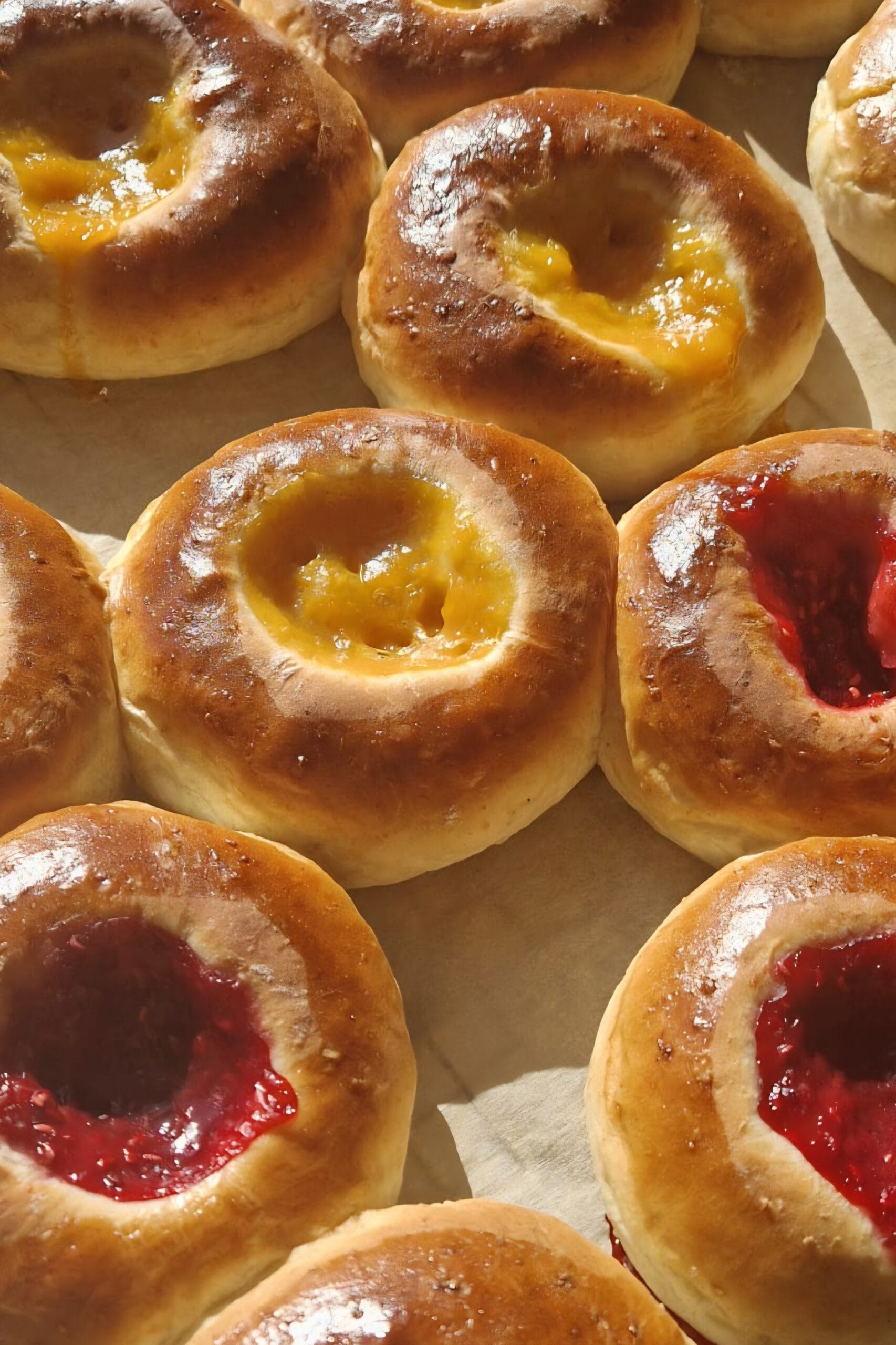 Jam filled buns with raspberry and apple jam, glossy and golden on parchment paper