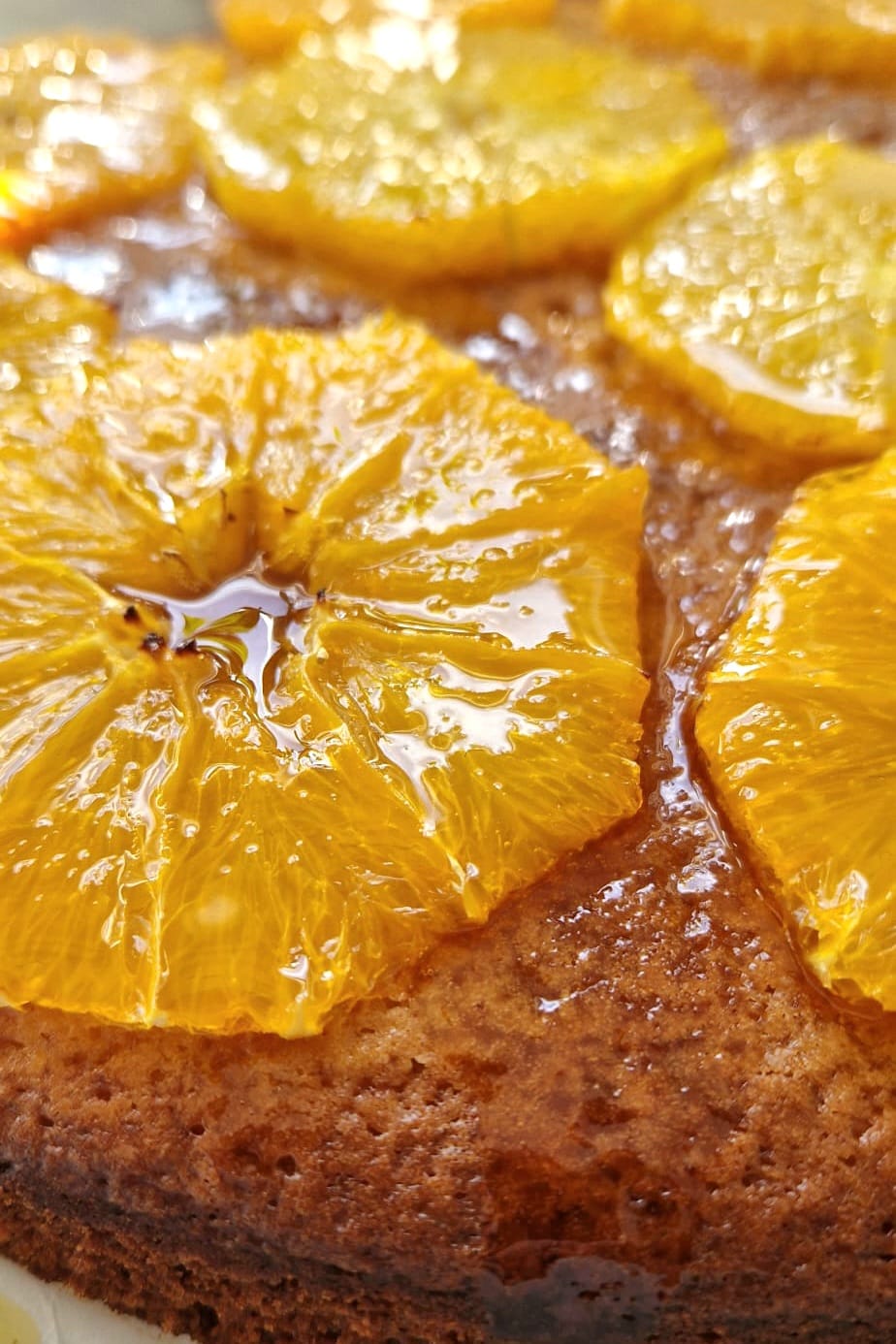 Close-up of a moist orange cake with glossy syrup-soaked orange slices arranged on top