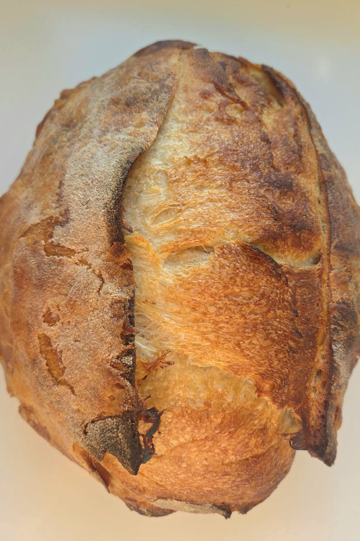 Brown butter sourdough loaf seen from above with a deep golden, flaking crust and a bold score down the center