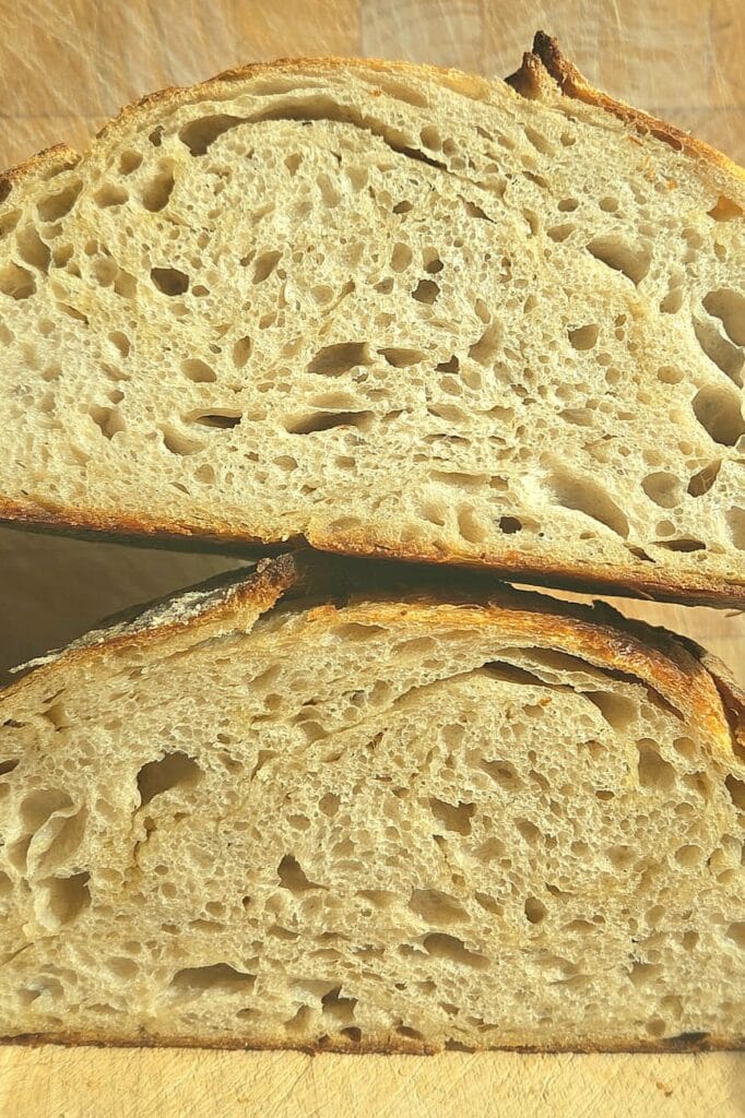 A fine, tender crumb — softer and moister than a lean loaf.