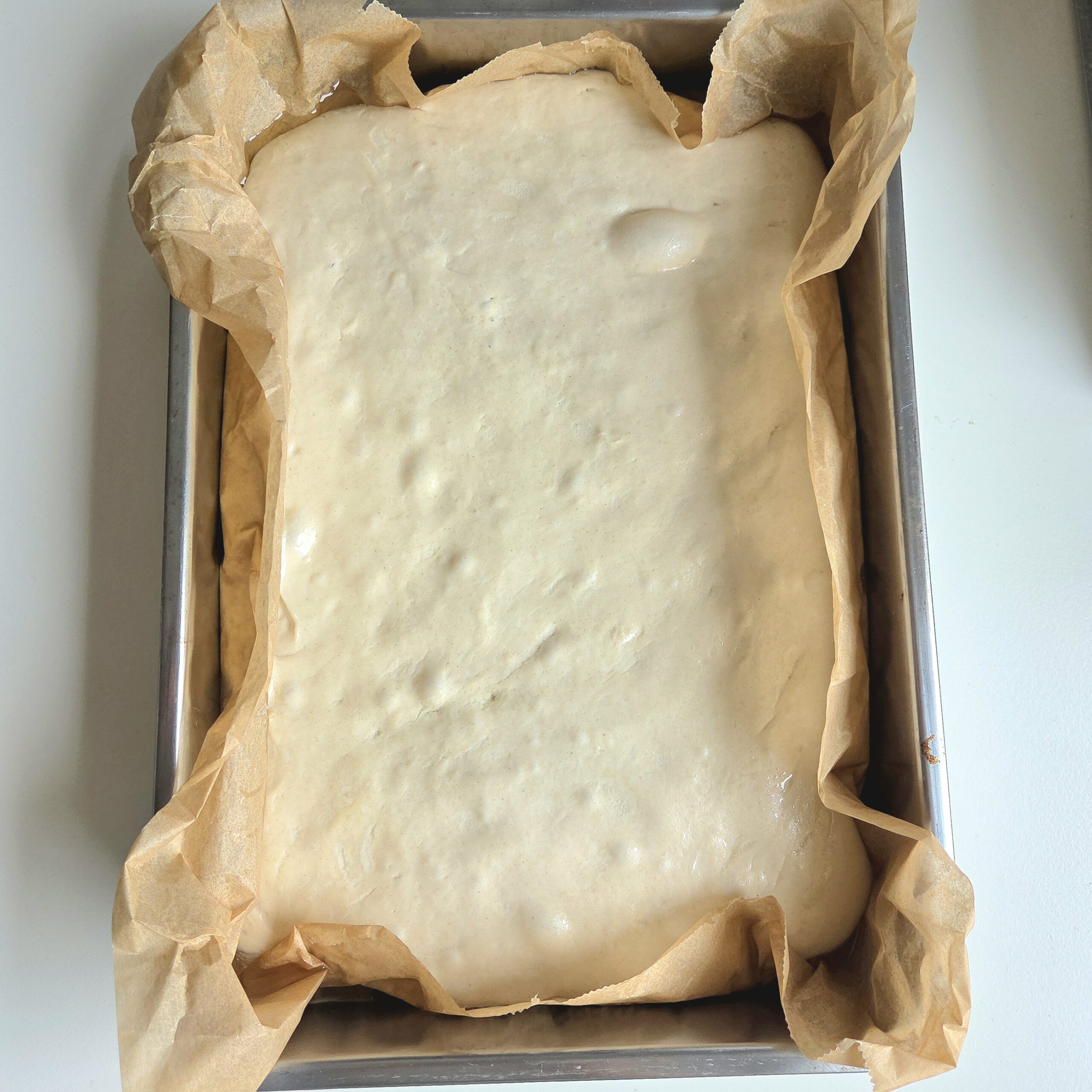 Glossy, bubbly high-hydration dough proofing in a parchment-lined pan