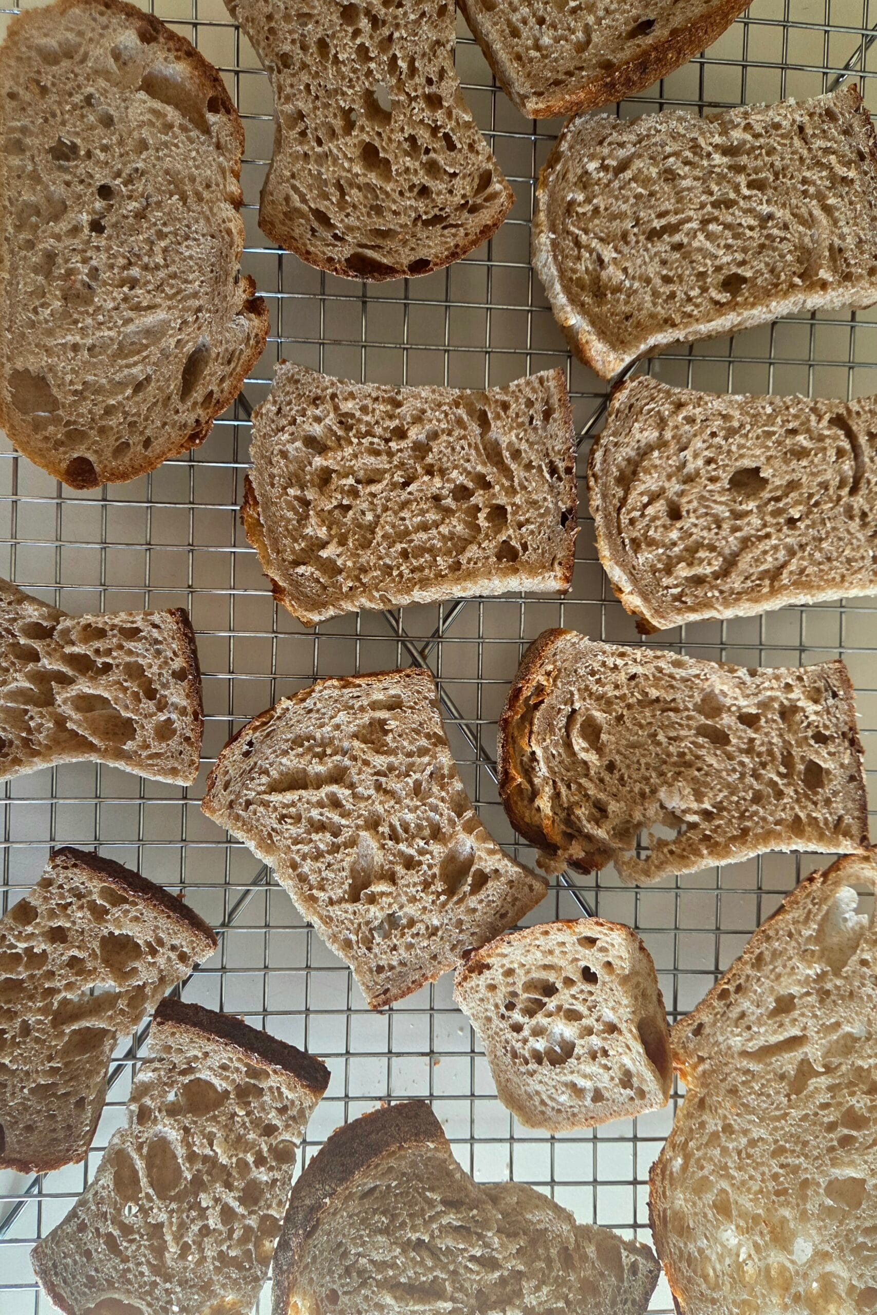Slices of whole grain sourdough bread drying on a wire rack to make sourdough breadcrumbs