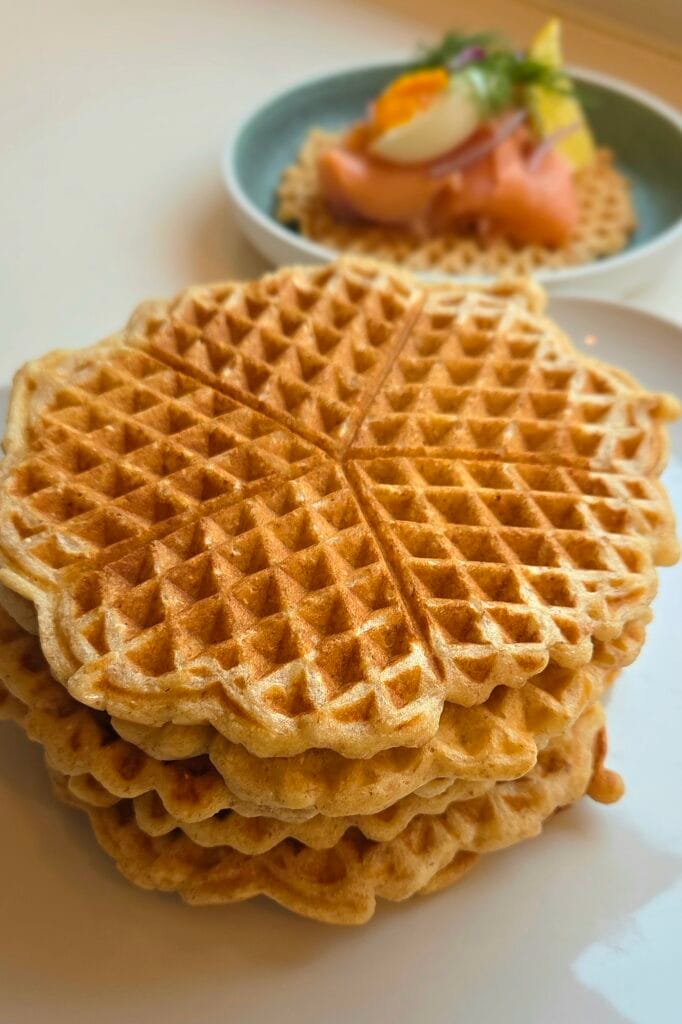 Savory waffle served as a simple Norwegian lunch on a plate