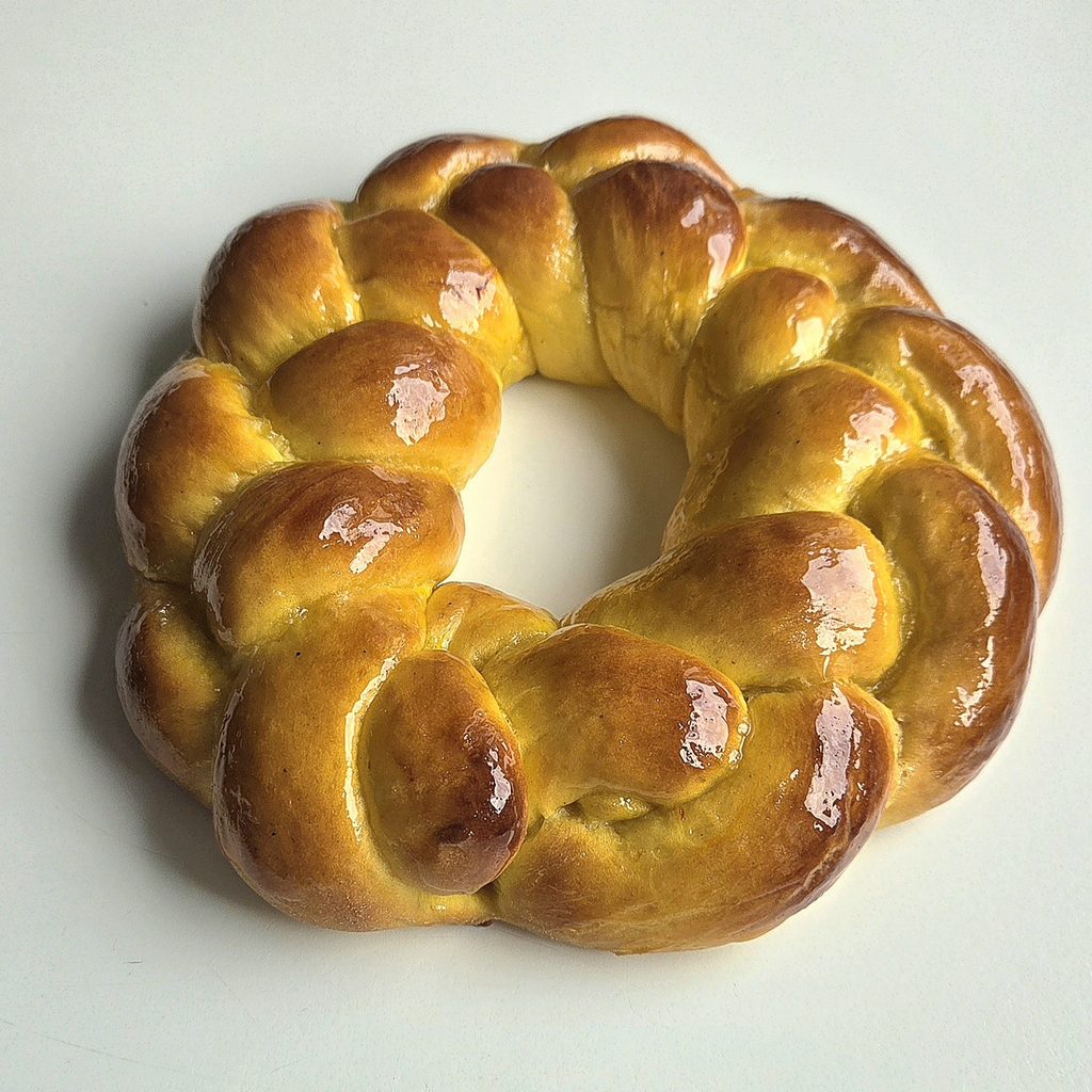 Braided saffron wreath with a glossy sugar glaze, made from lussekatter dough