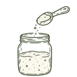 Illustration of a spoon feeding flour into a sourdough starter jar
