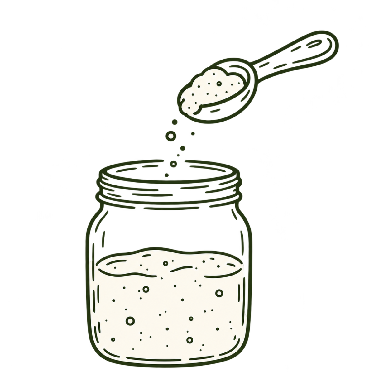 Illustration of a spoon feeding flour into a sourdough starter jar