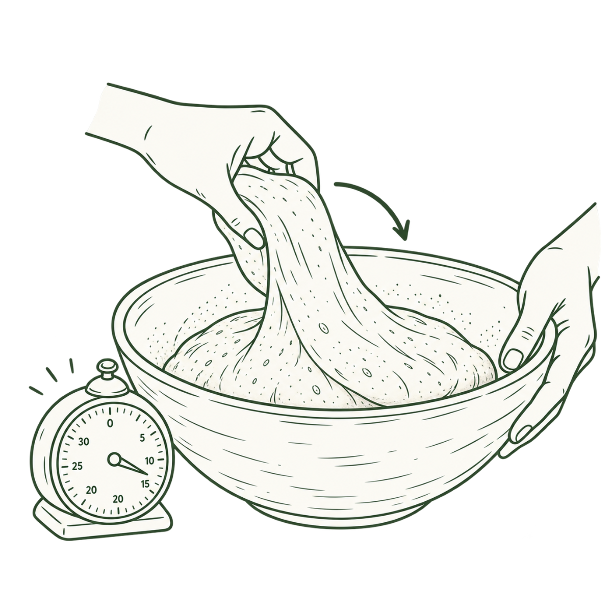 Illustration of hands stretching and folding dough next to a timer