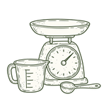 Illustration of a kitchen scale, measuring cup and spoon