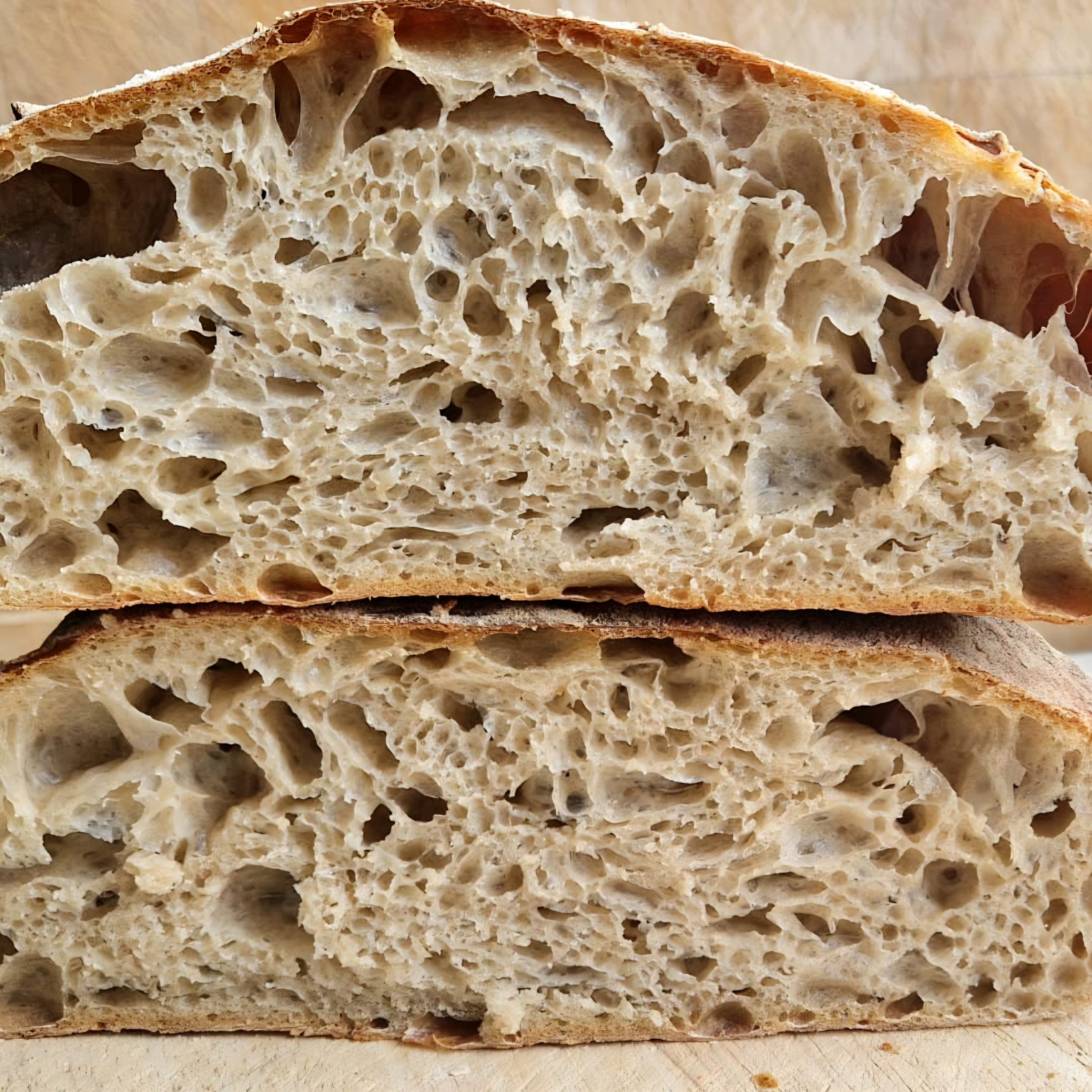 Close-up of open, airy sourdough crumb from a blend of bread and whole wheat flour