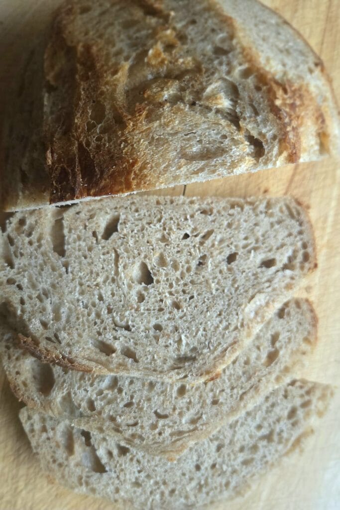 Two-day-old whole grain sourdough loaf, the right age for bread pudding
