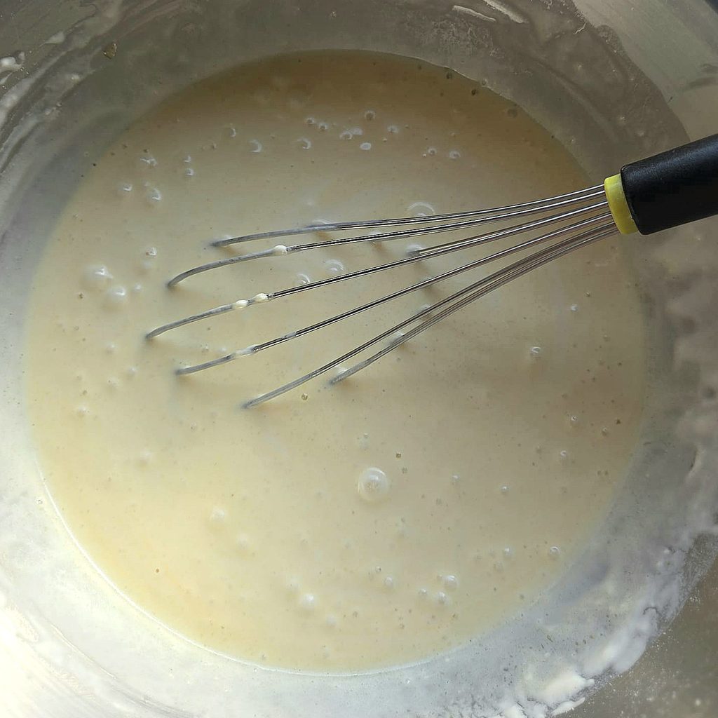 Thin waffle batter of flour, water and butter in a bowl with a whisk