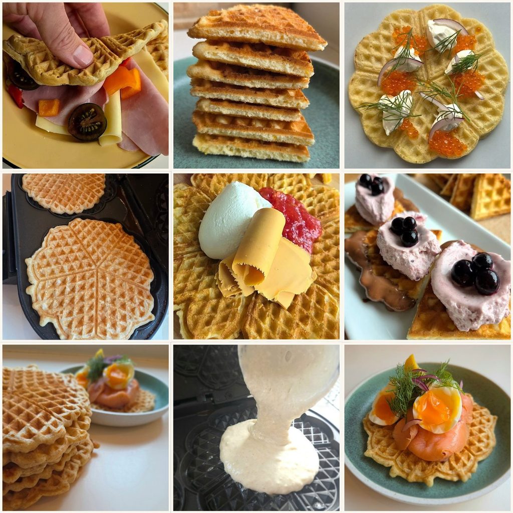 Norwegian waffle recipes: sweet cardamom and crispy chocolate waffles, savory waffles with salmon roe, smoked salmon and ham, and batter in a heart waffle iron